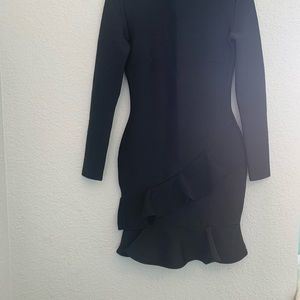 Black dress, mini, ruffle skirt, long sleeve
